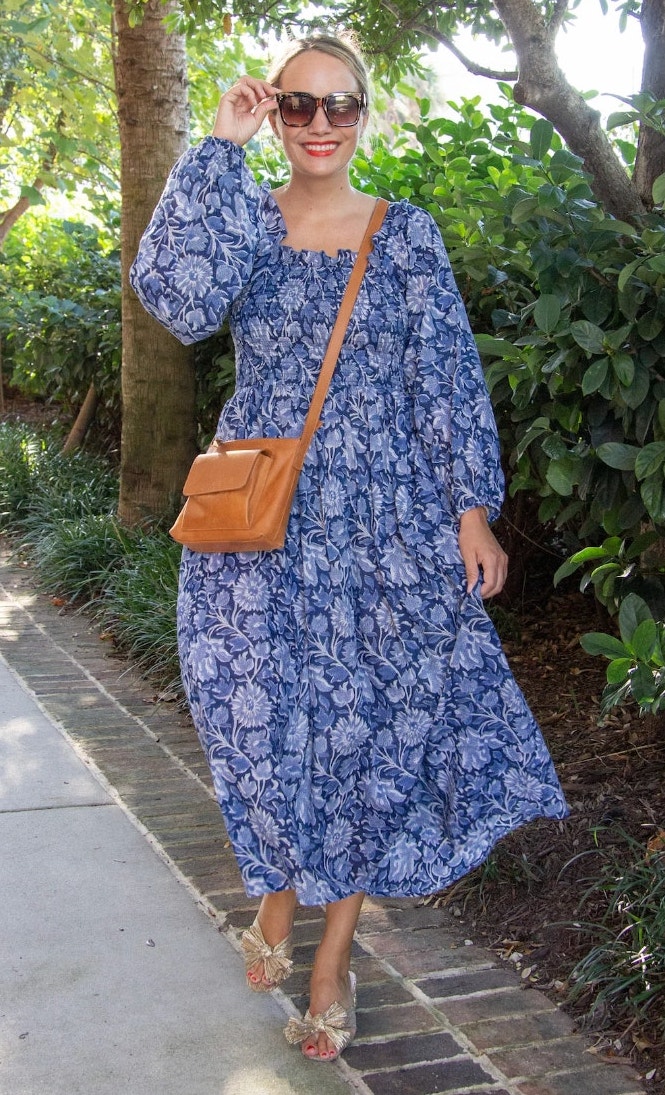 Mille Resort & Travel Tuckernuck Smocked Catherine Blue Long Sleeve Midi Dress S